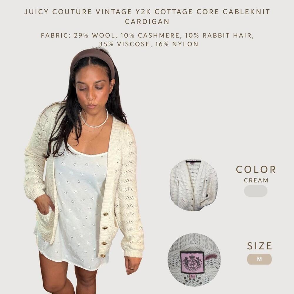 Juicy Couture Vintage Cable Knit Cardigan Cream Size M- Cottage Core Trend